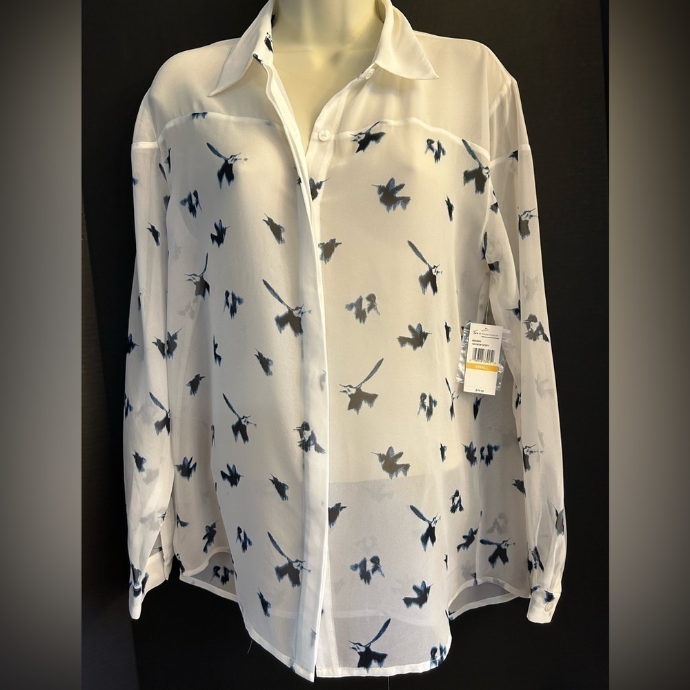 Two by Vince Camuto sheer long sleeve bird‎ print button down shirt. Sz-S NWT Z5 - Picture 2 of 11
